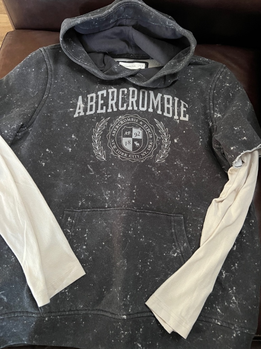 abercrombie kids Black Speckled Hoodie with Cream Sleeves